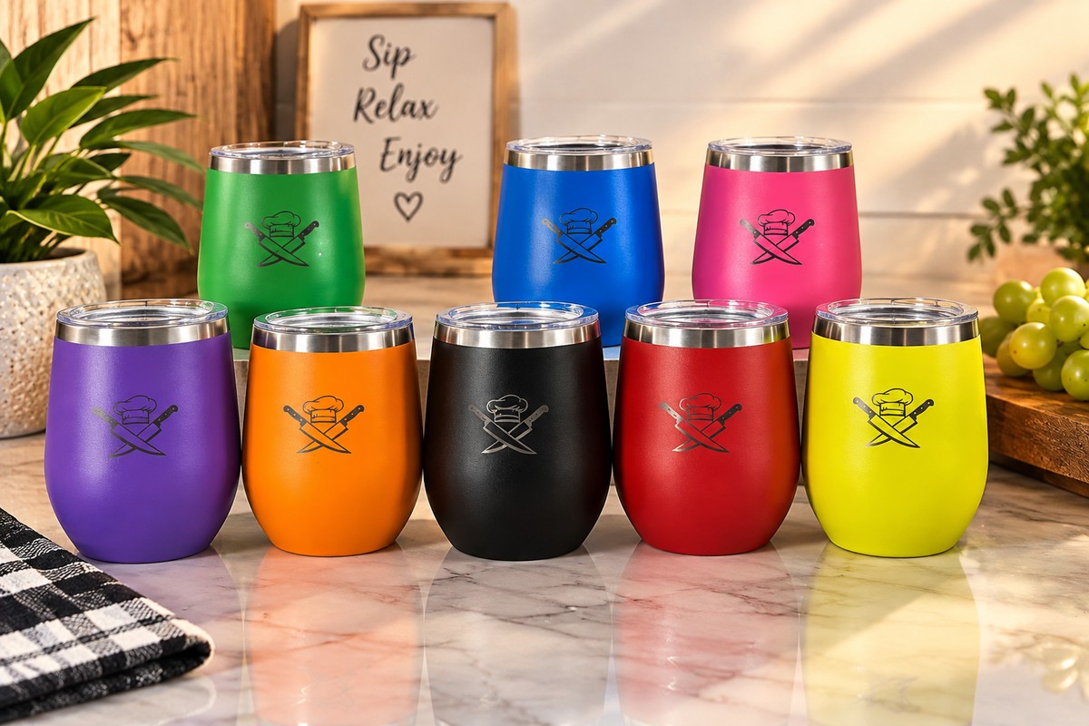 12oz wine tumblers in 8 colors including purple, orange, black, red, yellow, green, blue, and pink with engraved chef logo